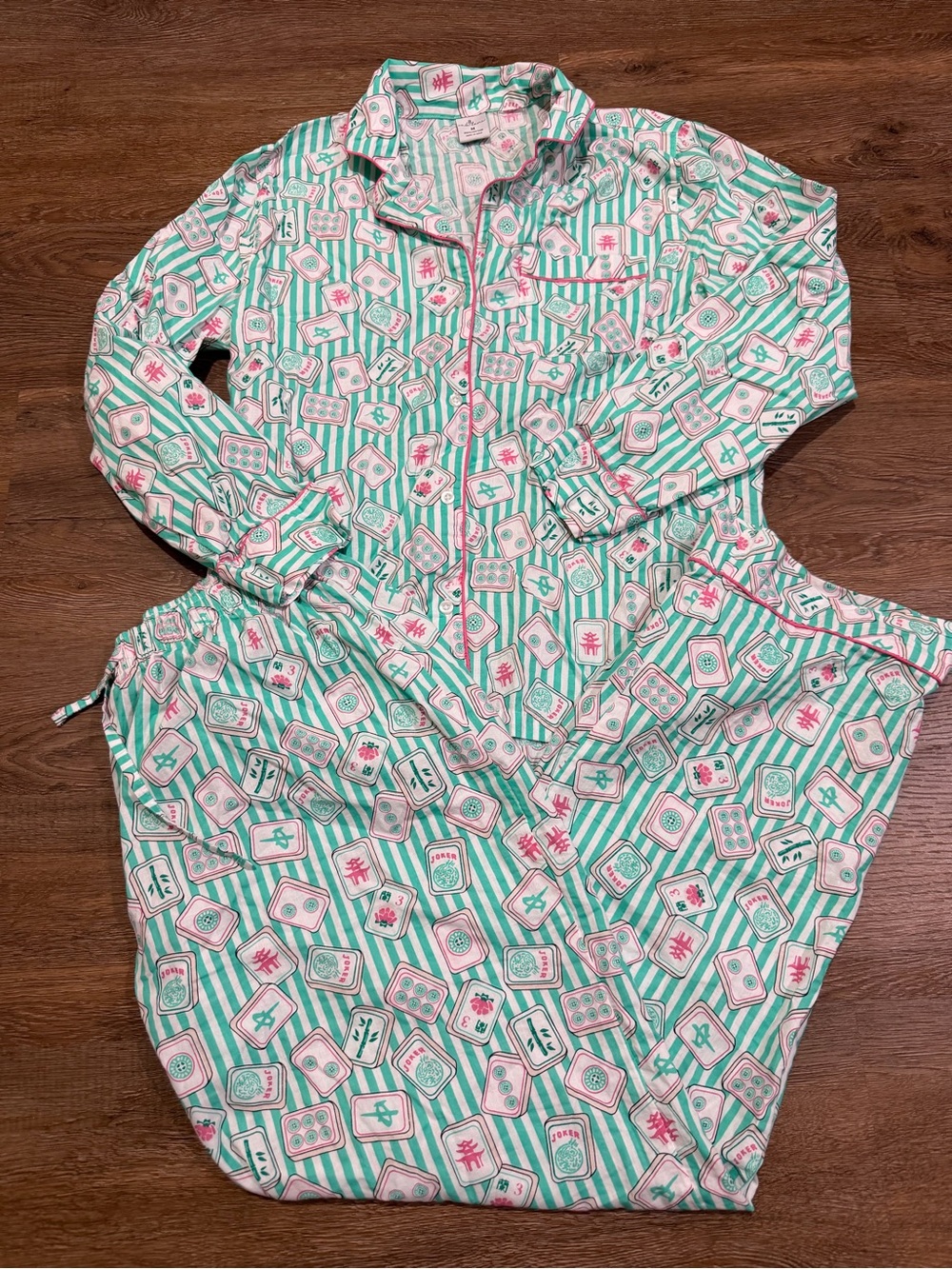 8 Oak Lane Mahjong Stripe Cotton Pajama Set Long Sleeve Pants Medium - Picture 2 of 7